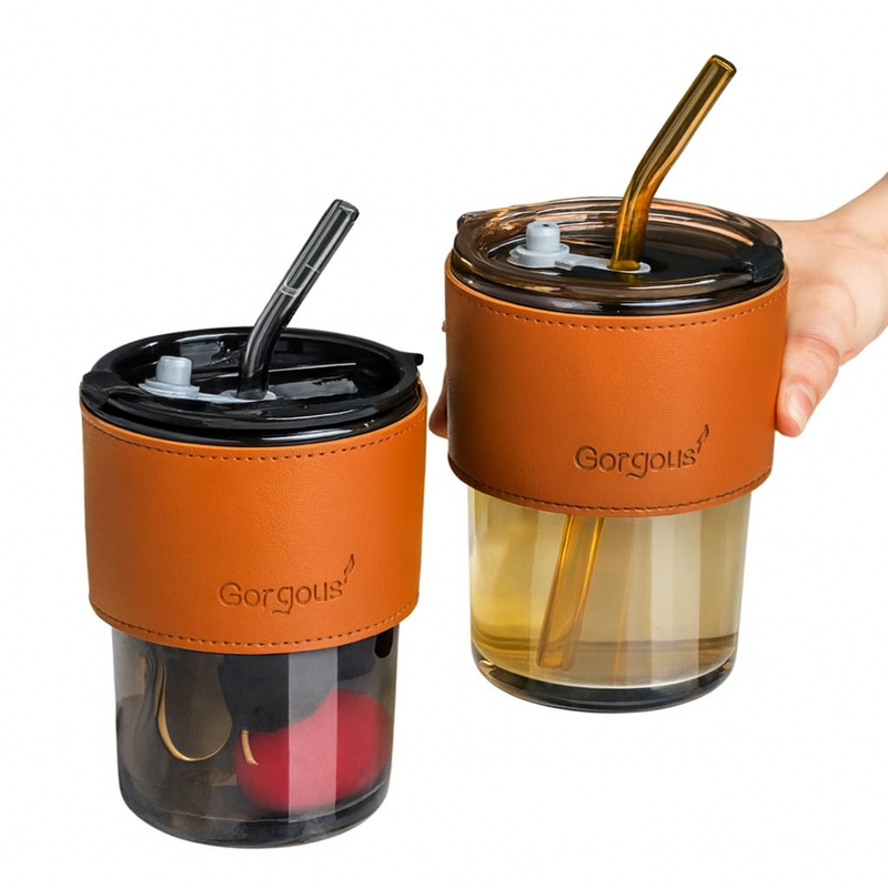 Copo De Vidro Com Canudo Tampa e Vedação 450ML Dourado